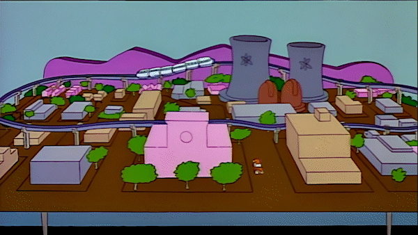 A looping gif of the miniature monorail model from teh Simpsons episode.