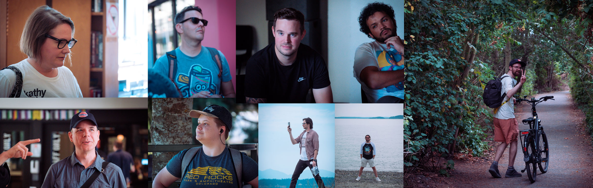 Collage of the Fair Worlds team during the retreat. From the top eft: Angela looks around in a store, Kurt Pennypaker walks outside, Hallur and Julian sit inside during our workshop, Todd walks his bike down a path and looks back flashing the peace sign, Sebastiuan and Mike pose by the water on an overcast day, Josie poses, looking off in the distance, and Jordan smiles while someone points to his left. 