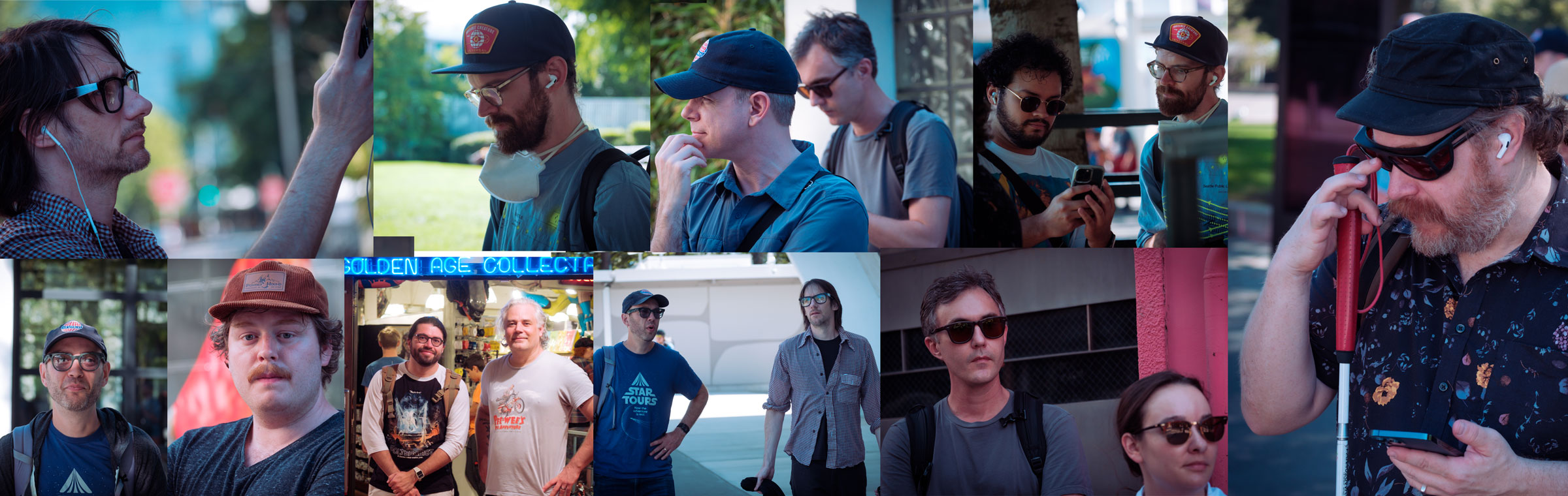 Collage of images from the retreat. From the top left: Mike hold his phone up and looks at the screen while outside,  Todd and Jordan talk and look at their devices while standing outside, Julian points to his phone screen while Todd looks on, Andy holds his cane while listening to the tour and holding his phone outside, Brad and Leslie look off camera outside, Mike and Erik walk around the Climate Pledge arena, on the tour, Sebastian and Isaac pose in front of the comic book store at Pike Place market,  Keil looks at the camera with a funny look, Erik smiles outside at the Seattle Center.  