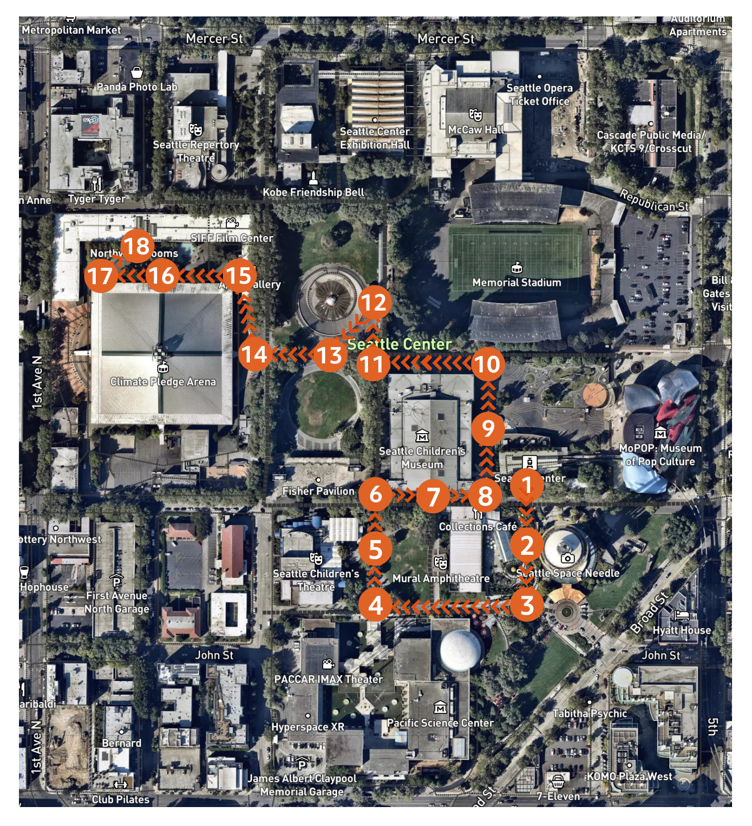 An overhead map view of the Seattle center. 17 tour stops are highlighted in orange showing the route of Space-Time Adventure Tours.
